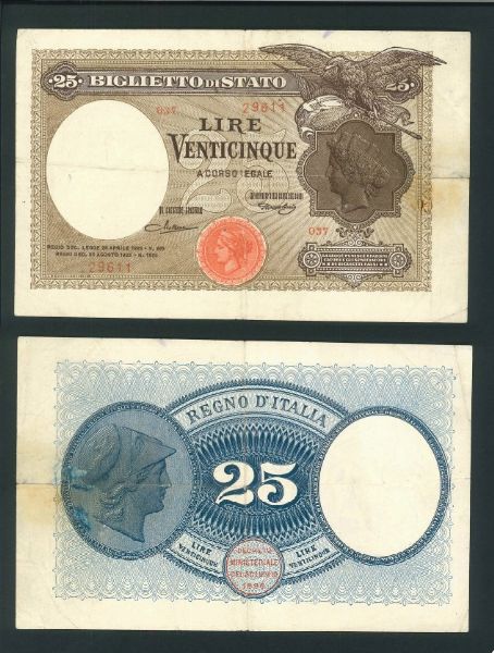 REGNO D’ITALIA. VITTORIO EMANUELE III DI SAVOIA, 1900-1946. Biglietto di Stato da 25 Lire tipo “Aquila con bandiera sabauda” del 27/09/1923.  - Asta Numismatica Light - Associazione Nazionale - Case d'Asta italiane