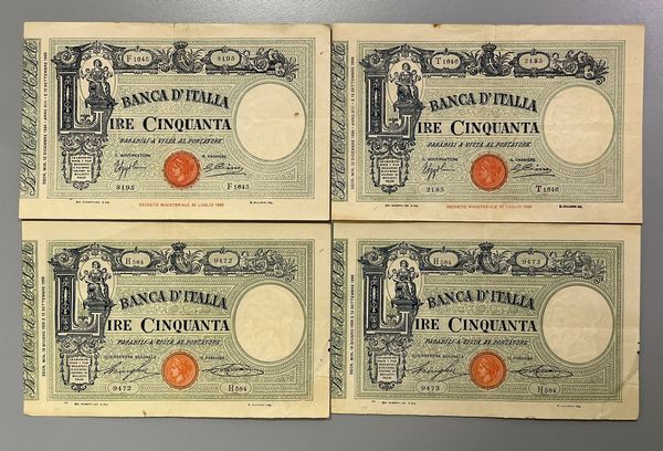 REGNO D'ITALIA. VITTORIO EMANUELE III DI SAVOIA, 1900-1946. Lotto di quattro banconote.  - Asta Numismatica Light - Associazione Nazionale - Case d'Asta italiane