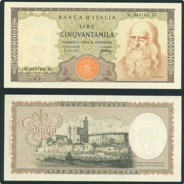 REPUBBLICA ITALIANA, DAL 1946. 50.000 Lire tipo Leonardo del 03/07/1967.  - Asta Numismatica Light - Associazione Nazionale - Case d'Asta italiane
