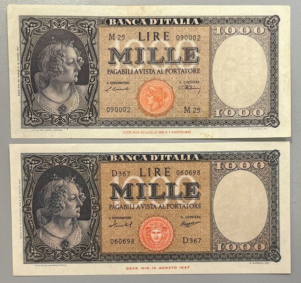 REPUBBLICA ITALIANA, DAL 1946. Lotto di due banconote.  - Asta Numismatica Light - Associazione Nazionale - Case d'Asta italiane