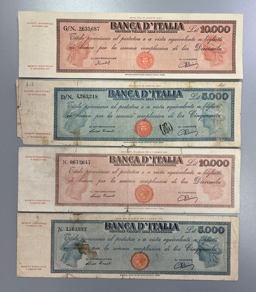 LUOGOTENENZA E REPUBBLICA ITALIANA. Lotto di quattro Titolo Provvisori.  - Asta Numismatica Light - Associazione Nazionale - Case d'Asta italiane