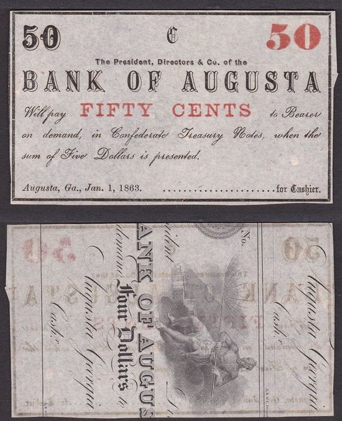 OBSOLETE PAPER MONEY. GEORGIA AUGUSTA - BANK OF AUGUSTA 1810-1866 - INSURANCE AND BANKING COMPANY.  Lotto di 2 esemplari.  - Asta Numismatica Light - Associazione Nazionale - Case d'Asta italiane