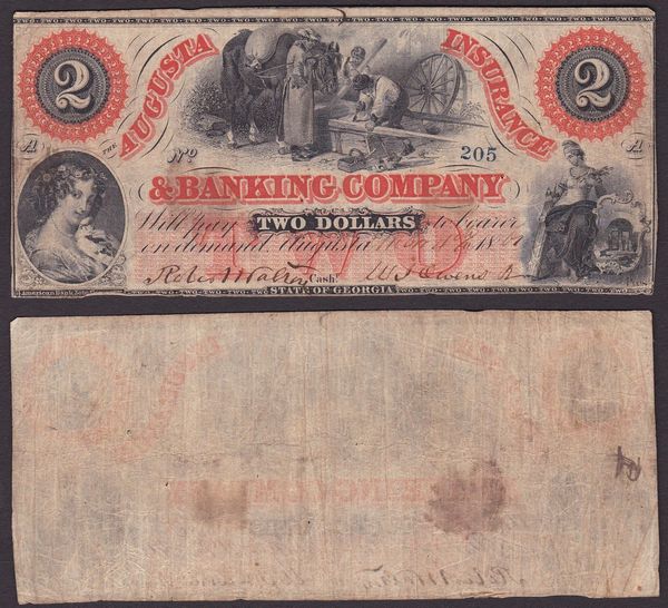 OBSOLETE PAPER MONEY. GEORGIA AUGUSTA - BANK OF AUGUSTA 1810-1866 - INSURANCE AND BANKING COMPANY.  Lotto di 2 esemplari.  - Asta Numismatica Light - Associazione Nazionale - Case d'Asta italiane