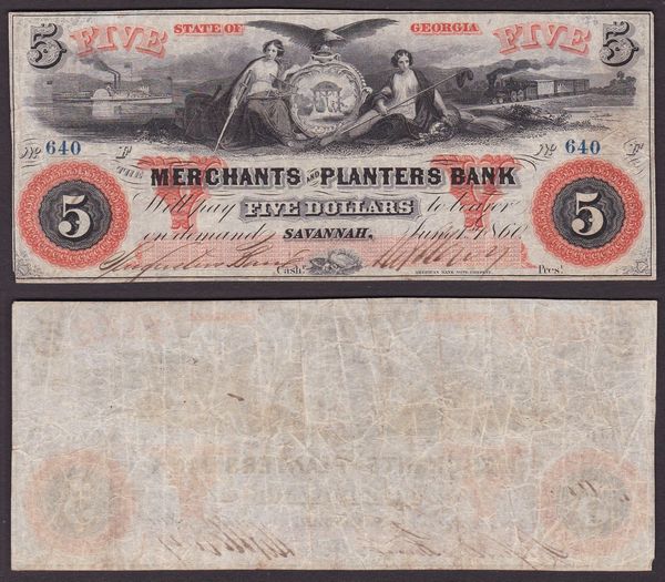OBSOLETE PAPER MONEY. GEORGIA SAWANNAH - MERCHANTS AND PLANNER BANK OF SAWANNAH 1854-1866. 5 Dollars 1860.  - Asta Numismatica Light - Associazione Nazionale - Case d'Asta italiane