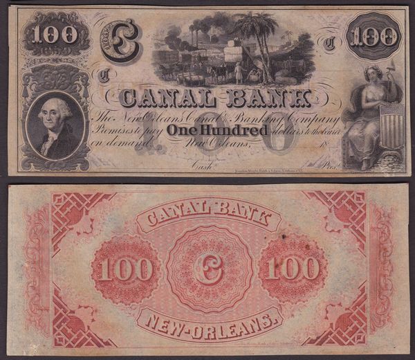 OBSOLETE PAPER MONEY. LOUISIANA NEW ORLEANS - CANAL AND BANKING COMPANY 1831-1870. 100 Dollars.  - Asta Numismatica Light - Associazione Nazionale - Case d'Asta italiane