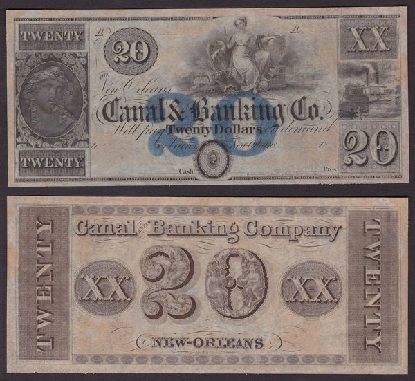 OBSOLETE PAPER MONEY. LOUISIANA NEW ORLEANS - CANAL AND BANKING COMPANY 1831-1870. 20 Dollars.  - Asta Numismatica Light - Associazione Nazionale - Case d'Asta italiane