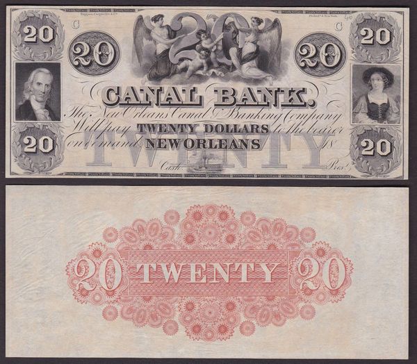 OBSOLETE PAPER MONEY. LOUISIANA NEW ORLEANS - CANAL AND BANKING COMPANY 1831-1870. 20 Dollars.  - Asta Numismatica Light - Associazione Nazionale - Case d'Asta italiane