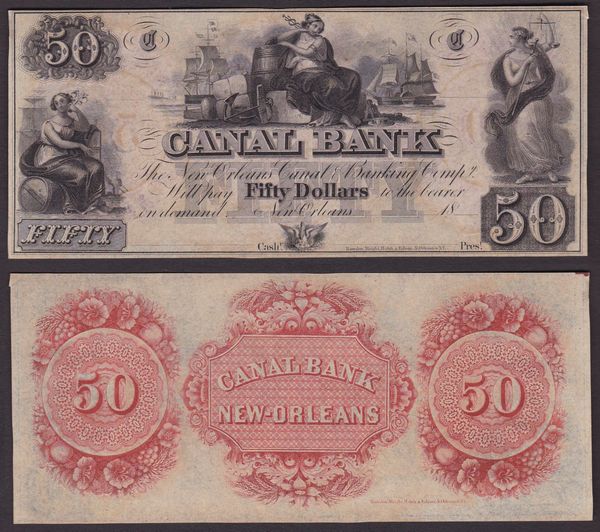 OBSOLETE PAPER MONEY. LOUISIANA NEW ORLEANS - CANAL AND BANKING COMPANY 1831-1870. 50 Dollars.  - Asta Numismatica Light - Associazione Nazionale - Case d'Asta italiane