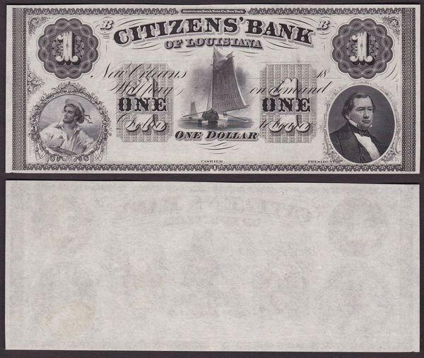 OBSOLETE PAPER MONEY. LOUISIANA NEW ORLEANS - CITIZENS BANK OF LOUISIANA 1833-1874. 1 Dollar.  - Asta Numismatica Light - Associazione Nazionale - Case d'Asta italiane