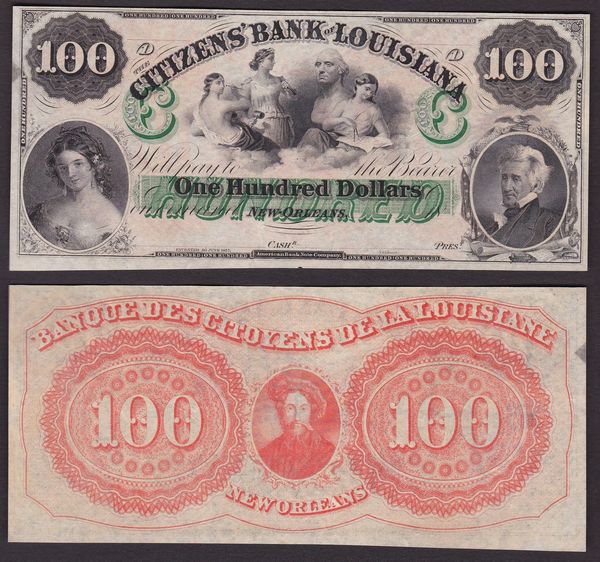 OBSOLETE PAPER MONEY. LOUISIANA NEW ORLEANS - CITIZENS BANK OF LOUISIANA 1833-1874. 100 Dollars.  - Asta Numismatica Light - Associazione Nazionale - Case d'Asta italiane