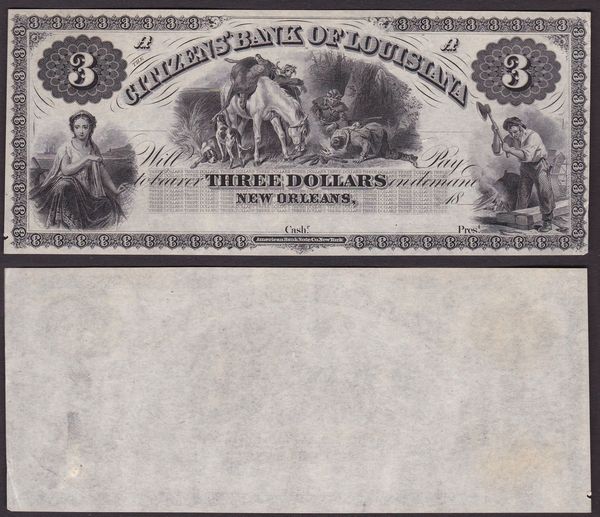 OBSOLETE PAPER MONEY. LOUISIANA NEW ORLEANS - CITIZENS BANK OF LOUISIANA 1833-1874. 3 Dollars.  - Asta Numismatica Light - Associazione Nazionale - Case d'Asta italiane