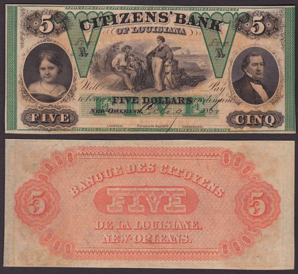 OBSOLETE PAPER MONEY. LOUISIANA NEW ORLEANS - CITIZENS BANK OF LOUISIANA 1833-1874. 5 Dollars 1860.  - Asta Numismatica Light - Associazione Nazionale - Case d'Asta italiane