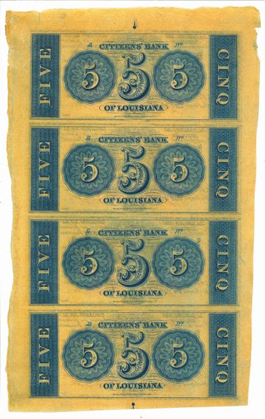 OBSOLETE PAPER MONEY. LOUISIANA NEW ORLEANS - CITIZENS BANK OF LOUISIANA 1833-1874. Blocco di 4 esemplari uniti.  - Asta Numismatica Light - Associazione Nazionale - Case d'Asta italiane