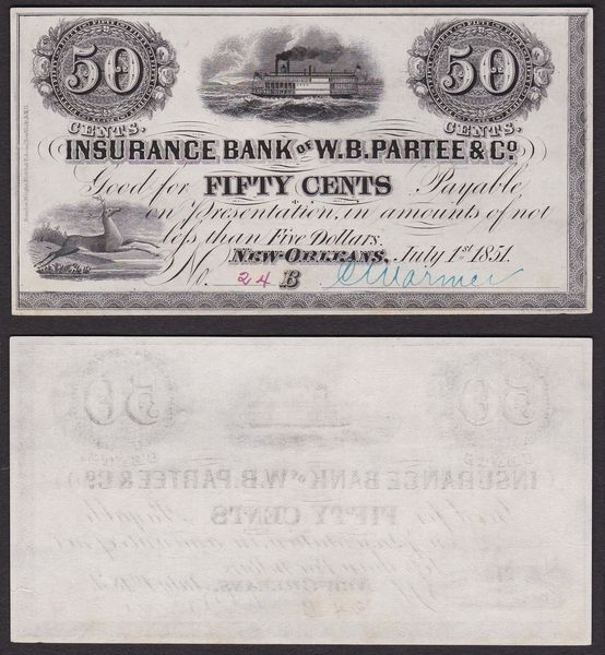 OBSOLETE PAPER MONEY. LOUISIANA NEW ORLEANS - INSURANCE BANK OF W.B.PARTEE AND COMPANY 1847-1851. 50 Cents 1851.  - Asta Numismatica Light - Associazione Nazionale - Case d'Asta italiane