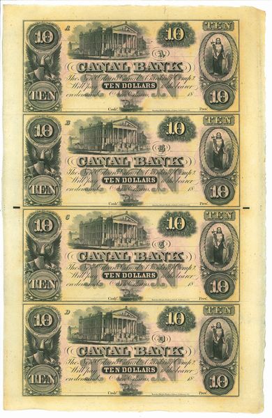 OBSOLETE PAPER MONEY. LOUISIANA NEW ORLEANS - NEW ORLEANS CANAL AND BANKING COMPANY 1831-1870. Blocco di 4 esemplari uniti.  - Asta Numismatica Light - Associazione Nazionale - Case d'Asta italiane