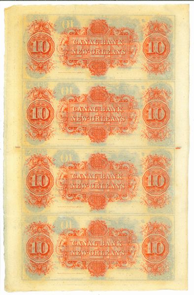OBSOLETE PAPER MONEY. LOUISIANA NEW ORLEANS - NEW ORLEANS CANAL AND BANKING COMPANY 1831-1870. Blocco di 4 esemplari uniti.  - Asta Numismatica Light - Associazione Nazionale - Case d'Asta italiane