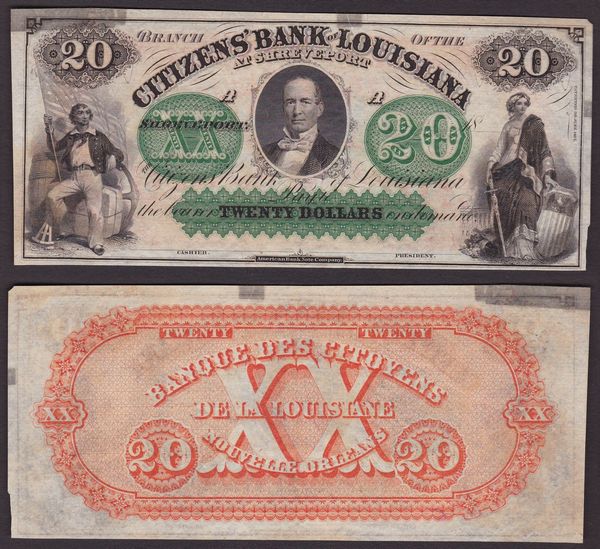 OBSOLETE PAPER MONEY. LOUISIANA SHREVEPORT - CITIZENS BANK OF LOUISIANA (BRANCH) 1860-1874. 20 Dollars.  - Asta Numismatica Light - Associazione Nazionale - Case d'Asta italiane