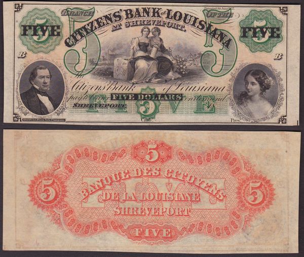 OBSOLETE PAPER MONEY. LOUISIANA SHREVEPORT - CITIZENS BANK OF LOUISIANA (BRANCH) 1860-1874. 5 Dollars.  - Asta Numismatica Light - Associazione Nazionale - Case d'Asta italiane