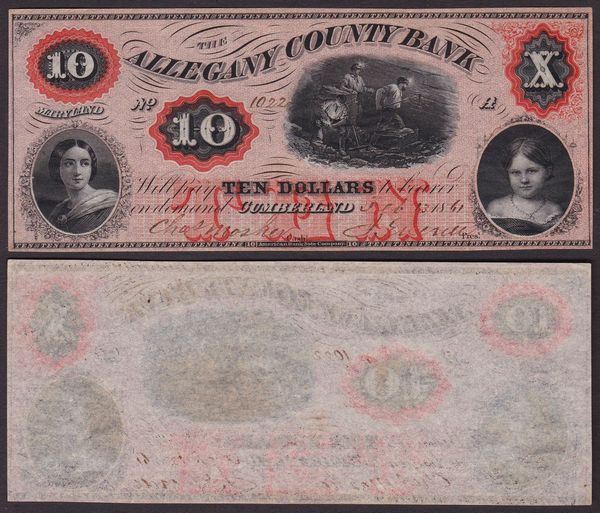 OBSOLETE PAPER MONEY. MARYLAND CUMBERLAND - ALLEGANY COUNTY BANK 1858-1864. 10 Dollars 1861.  - Asta Numismatica Light - Associazione Nazionale - Case d'Asta italiane