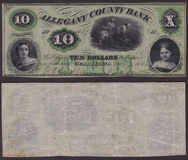 OBSOLETE PAPER MONEY. MARYLAND CUMBERLAND - ALLEGANY COUNTY BANK 1858-1864. 10 Dollars 1862.  - Asta Numismatica Light - Associazione Nazionale - Case d'Asta italiane