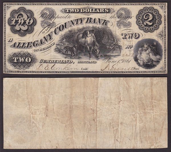 OBSOLETE PAPER MONEY. MARYLAND CUMBERLAND - ALLEGANY COUNTY BANK 1858-1864. 2 Dollars 1861.  - Asta Numismatica Light - Associazione Nazionale - Case d'Asta italiane