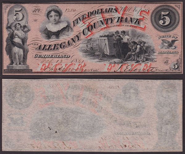 OBSOLETE PAPER MONEY. MARYLAND CUMBERLAND - ALLEGANY COUNTY BANK 1858-1864. 5 Dollars 1861.  - Asta Numismatica Light - Associazione Nazionale - Case d'Asta italiane