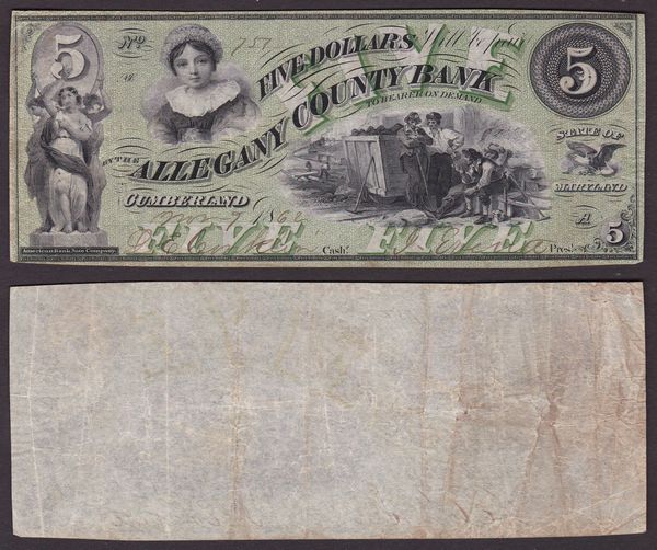 OBSOLETE PAPER MONEY. MARYLAND CUMBERLAND - ALLEGANY COUNTY BANK 1858-1864. 5 Dollars 1862.  - Asta Numismatica Light - Associazione Nazionale - Case d'Asta italiane