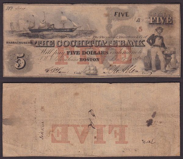 OBSOLETE PAPER MONEY. MASSACHUSETTS BOSTON - THE COCHITUATE BANK 1849-1854 5 Dollars 1852.  - Asta Numismatica Light - Associazione Nazionale - Case d'Asta italiane