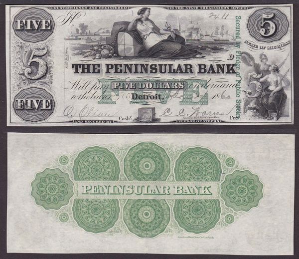 OBSOLETE PAPER MONEY. MICHIGAN DETROIT  - THE PENINSULAR BANK 1860. 5 Dollars 1860.  - Asta Numismatica Light - Associazione Nazionale - Case d'Asta italiane