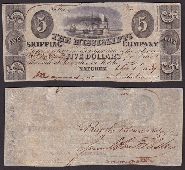 OBSOLETE PAPER MONEY. MISSISSIPPI NATCHETZ - MISSISSIPPI SHIPPING COMPANY 1839. 5 Dollars 1839.  - Asta Numismatica Light - Associazione Nazionale - Case d'Asta italiane
