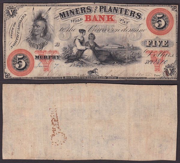 OBSOLETE PAPER MONEY. NORTH CAROLINA MURPHY - MINERS AND PLANTERS BANK 1859-1866. 5 Dollars 1860.  - Asta Numismatica Light - Associazione Nazionale - Case d'Asta italiane