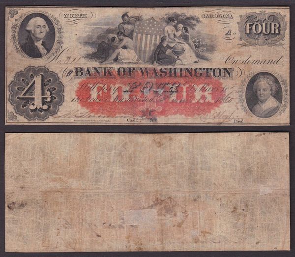 OBSOLETE PAPER MONEY. NORTH CAROLINA WASHINGTON - BANK OF WASHINGTON 1850-1862. 4 Dollars 1860.  - Asta Numismatica Light - Associazione Nazionale - Case d'Asta italiane