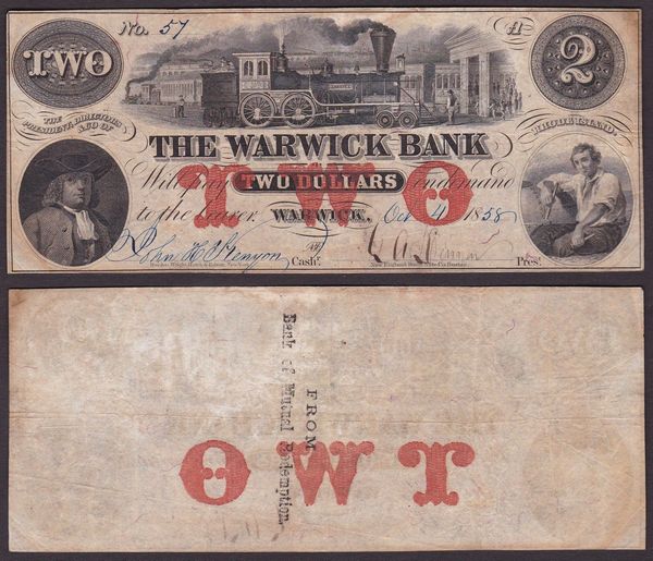 OBSOLETE PAPER MONEY. RHODE ISLAND WARWICK - THE WARWICK BANK 1818-1859. 2 Dollars.  - Asta Numismatica Light - Associazione Nazionale - Case d'Asta italiane