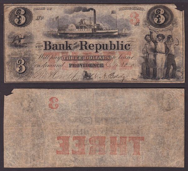 OBSOLETE PAPER MONEY. RODE ISLAND PROVIDENCE - BANK OF THE REPUBLIC 1854-1856. Lotto di 2 esemplari.  - Asta Numismatica Light - Associazione Nazionale - Case d'Asta italiane