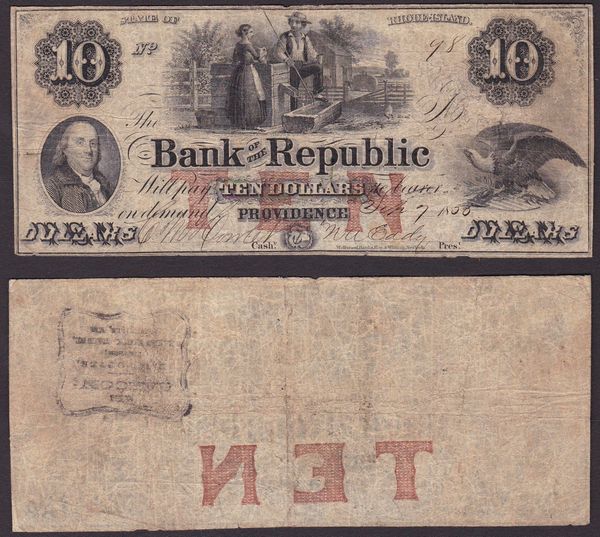 OBSOLETE PAPER MONEY. RODE ISLAND PROVIDENCE - BANK OF THE REPUBLIC 1854-1856. Lotto di 2 esemplari.  - Asta Numismatica Light - Associazione Nazionale - Case d'Asta italiane