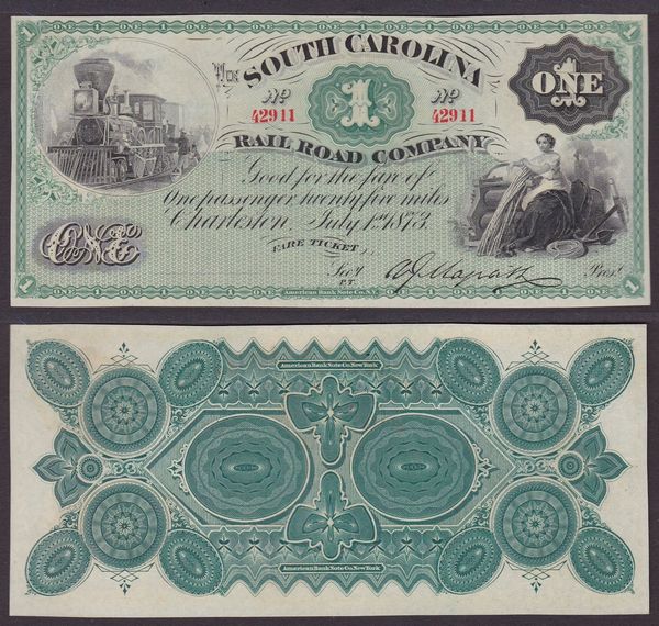 OBSOLETE PAPER MONEY. SOUTH CAROLINA CHARLESTON  - RAIL ROAD COMPANY 1873. 1 Dollar 1873.  - Asta Numismatica Light - Associazione Nazionale - Case d'Asta italiane