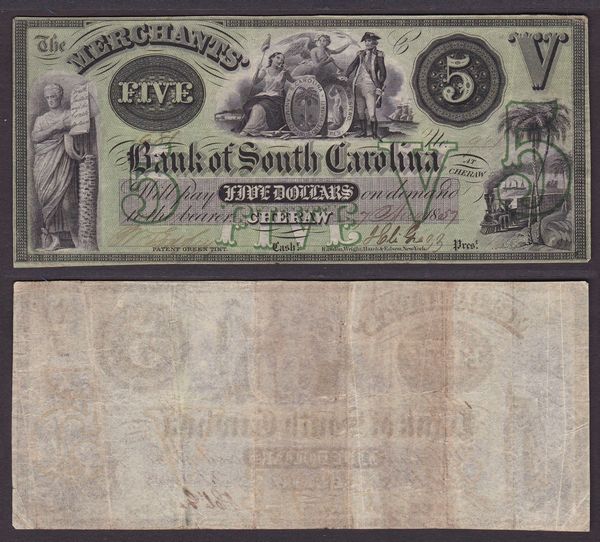 OBSOLETE PAPER MONEY. SOUTH CAROLINA CHERAW - MERCHANTS BANK OF SOUTH CAROLINA 1833-1865. 5 Dollars 1859.  - Asta Numismatica Light - Associazione Nazionale - Case d'Asta italiane