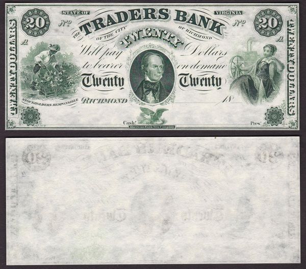 OBSOLETE PAPER MONEY. VIRGINIA RICHMOND - TRADERS BANKOF THE CITY OF RICHMOND 1860-1865. 20 Dollars.  - Asta Numismatica Light - Associazione Nazionale - Case d'Asta italiane