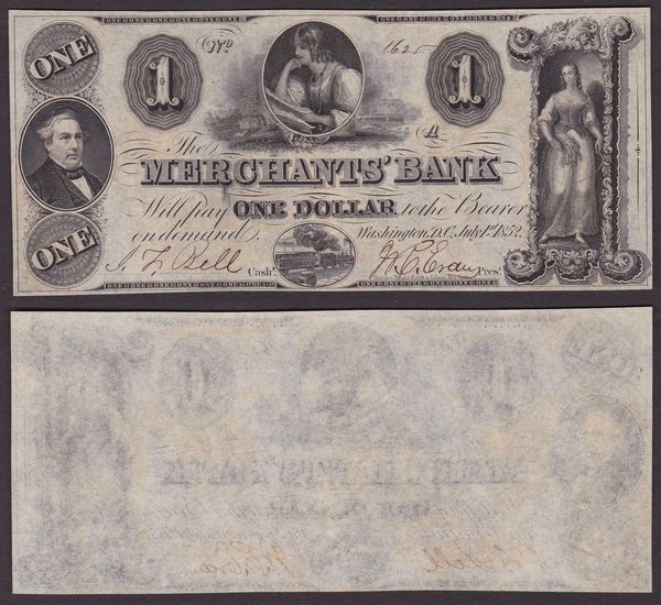 OBSOLETE PAPER MONEY. WASHINGTON COLUMBIA - MERCHANTS BANK 1852. 1 Dollar.  - Asta Numismatica Light - Associazione Nazionale - Case d'Asta italiane