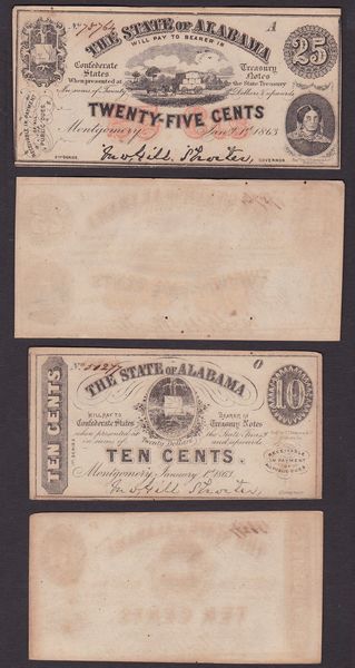 SOUTHERN STATES CURRENCY. ALABAMA CIVIL WAR ISSUES - THE STATE OF ALABAMA 1863. Lotto di 2 esemplari.  - Asta Numismatica Light - Associazione Nazionale - Case d'Asta italiane