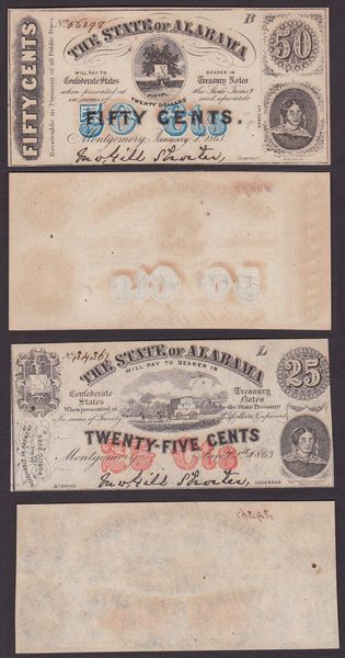 SOUTHERN STATES CURRENCY. ALABAMA CIVIL WAR ISSUES - THE STATE OF ALABAMA 1863. Lotto di 2 esemplari.  - Asta Numismatica Light - Associazione Nazionale - Case d'Asta italiane