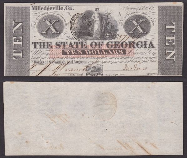 SOUTHERN STATES CURRENCY. GEORGIA CIVIL WAR ISSUES - BANK OF SAVANNAH AND AUGUSTA 1861. 10 Dollars 1862.  - Asta Numismatica Light - Associazione Nazionale - Case d'Asta italiane
