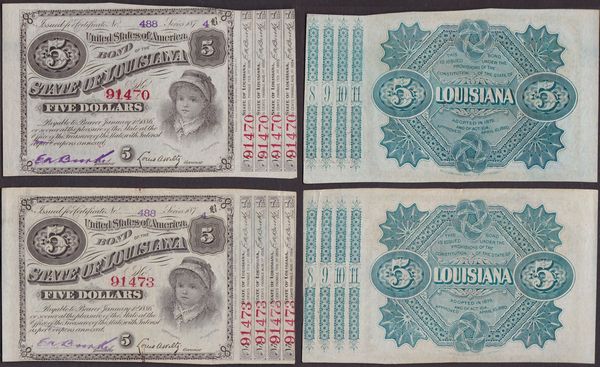 SOUTHERN STATES CURRENCY. LOUISIANA POST CIVIL WAR ISSUES - STATE OF LOUISIANA 1886.  Lotto di 4 esemplari.  - Asta Numismatica Light - Associazione Nazionale - Case d'Asta italiane