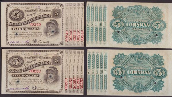 SOUTHERN STATES CURRENCY. LOUISIANA POST CIVIL WAR ISSUES - STATE OF LOUISIANA 1886.  Lotto di 4 esemplari.  - Asta Numismatica Light - Associazione Nazionale - Case d'Asta italiane