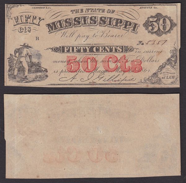 SOUTHERN STATES CURRENCY. MISSISSIPPI CIVIL WAR ISSUES - THE STATE OF MISSISSIPPI 1864. 50 Cents 1864.  - Asta Numismatica Light - Associazione Nazionale - Case d'Asta italiane