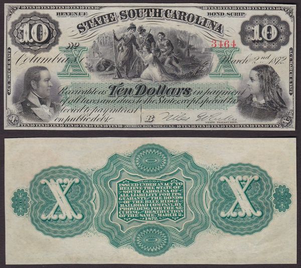 SOUTHERN STATES CURRENCY. SOUTH CAROLINA  - STATE OF SOUTH CAROLINA 1872 10 Dollars 1872.  - Asta Numismatica Light - Associazione Nazionale - Case d'Asta italiane