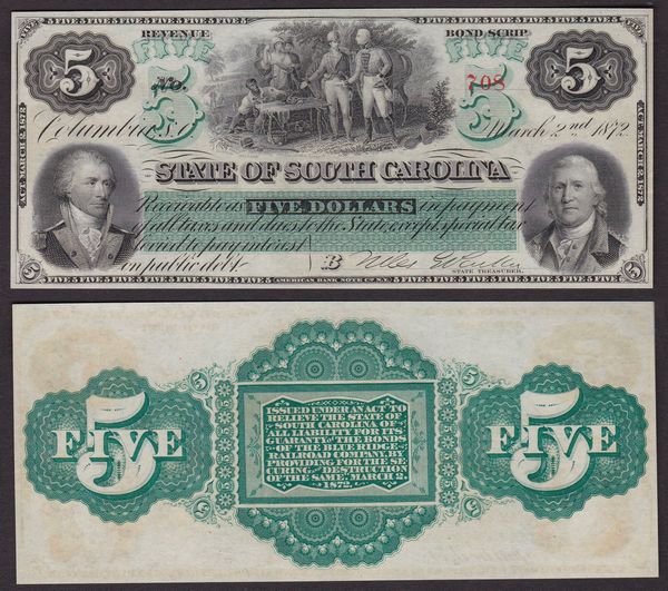 SOUTHERN STATES CURRENCY. SOUTH CAROLINA  - STATE OF SOUTH CAROLINA 1872. 5 Dollars 1872.  - Asta Numismatica Light - Associazione Nazionale - Case d'Asta italiane