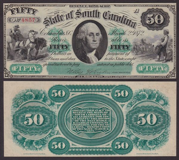 SOUTHERN STATES CURRENCY. SOUTH CAROLINA  - STATE OF SOUTH CAROLINA 1872. 50 Dollars 1872.  - Asta Numismatica Light - Associazione Nazionale - Case d'Asta italiane