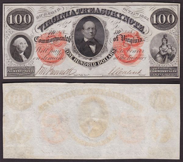 SOUTHERN STATES CURRENCY. VIRGINIA CIVIL WAR ISSUES - VIRGINIA TREASURY NOTE 1862. 100 Dollars 1862.  - Asta Numismatica Light - Associazione Nazionale - Case d'Asta italiane