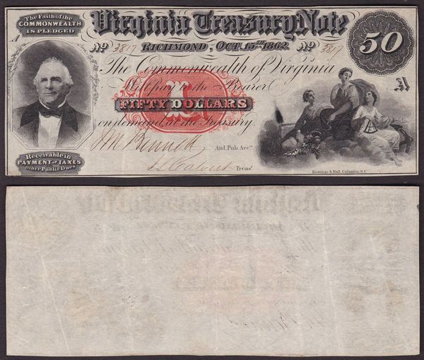 SOUTHERN STATES CURRENCY. VIRGINIA CIVIL WAR ISSUES - VIRGINIA TREASURY NOTE 1862. 50 Dollars 1862.  - Asta Numismatica Light - Associazione Nazionale - Case d'Asta italiane